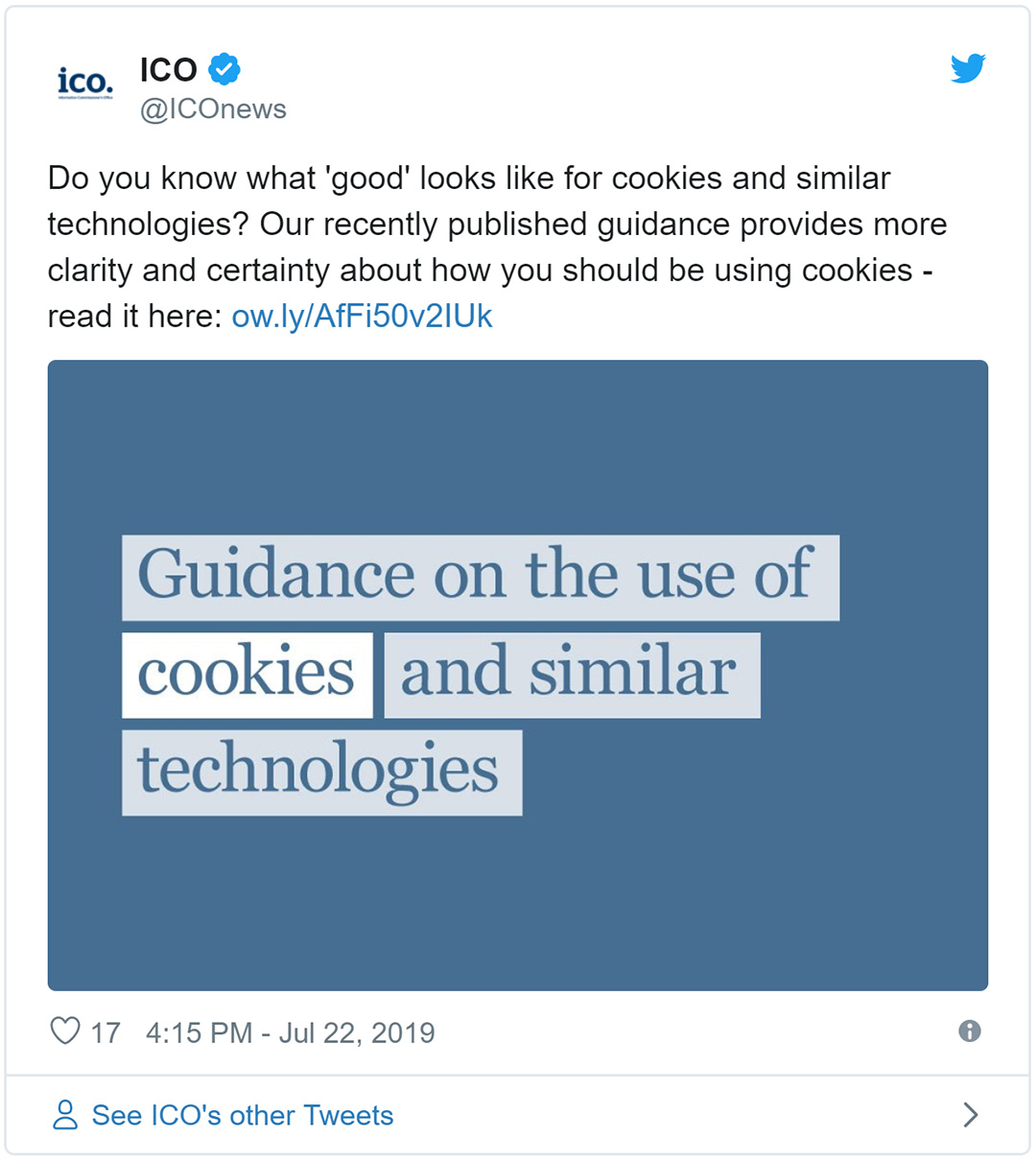 Screenshot of tweet from ICO on cookies A screenshot of a tweet from the Information Commissioner's Office about the updated guidance on cookies