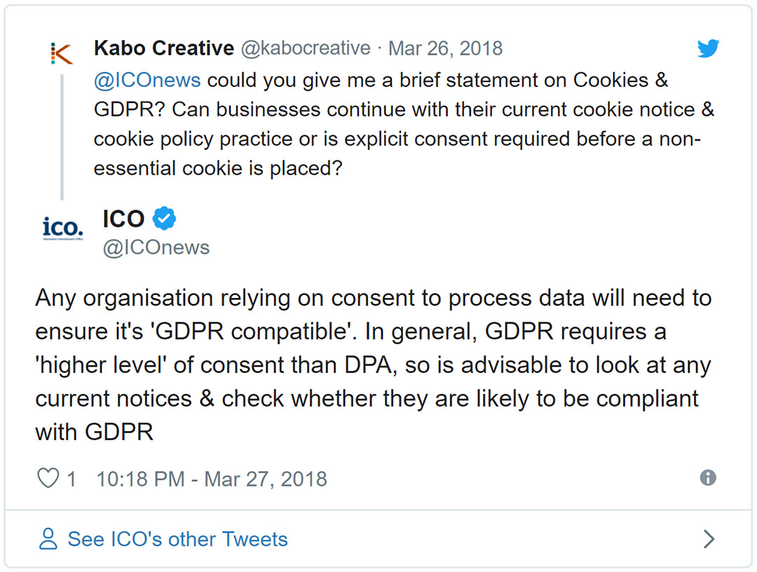 ICO response to GDPR & cookies statement Screenshot of a tweet where the Information Commissioner's Office replied to a request for a statement on Cookies & GDPR