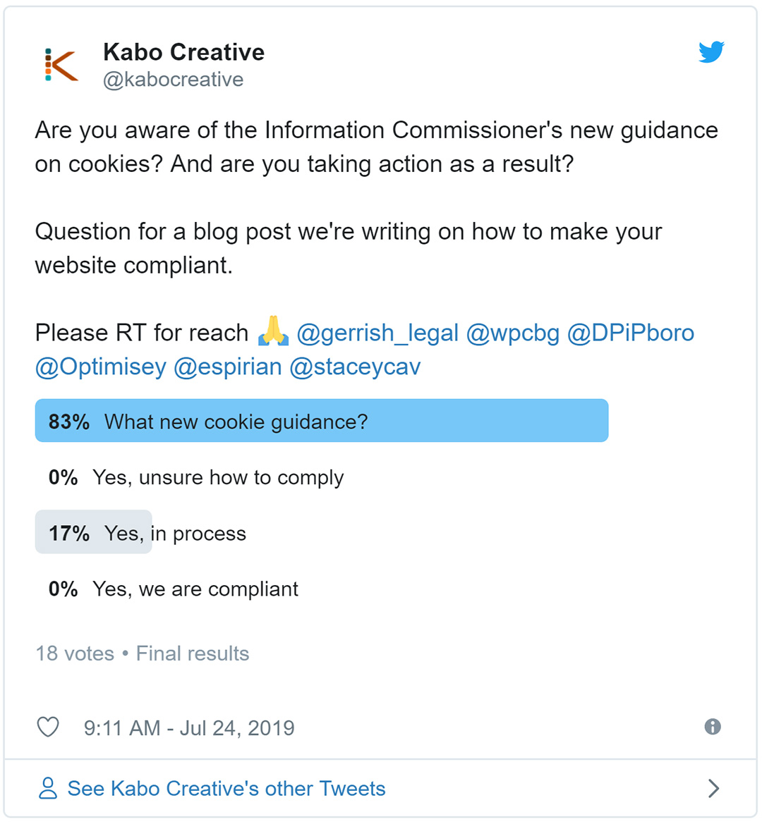 Screenshot of twitter poll on new cookie guidance A screenshot of a twitter poll asking respondents if they have heard, and if they have taken action, on the new cookie guidance from the ICO